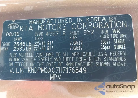 2017 Kia Sportage Lx z USA, uszkodzony, nr VIN KNDPM3AC7H7176849